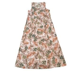 J. Jill Love Linen Scoop Neck Midi Dress Tropical Print Sleeveless Pink Green XS